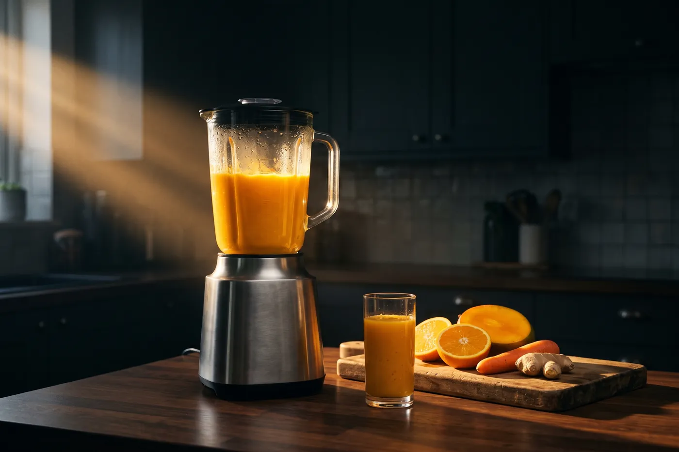 Standmixer auf einer Holzarbeitsplatte im Morgenlicht, der Krug voll orangem Mango-Smoothie, daneben ein Brett mit Mango, Orange, Karotte und Ingwer.