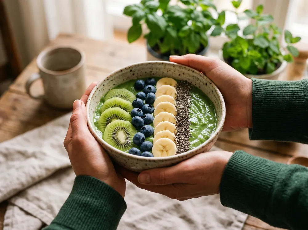 Zwei Hände halten eine Schale mit grüner Smoothie-Bowl, belegt mit Kiwi, Heidelbeeren, Banane und Chiasamen.